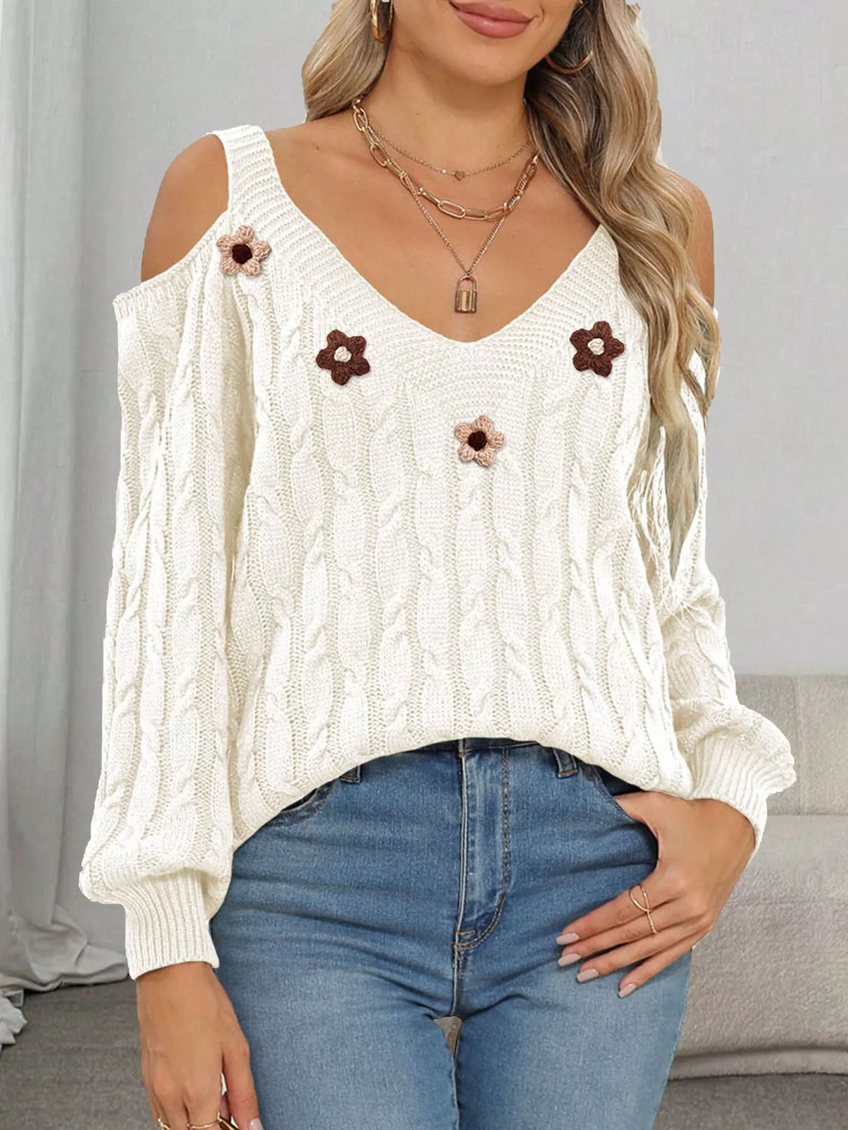 Floral Applique Cold Shoulder Cable-Knit Sweater in Rice White - women's sweater