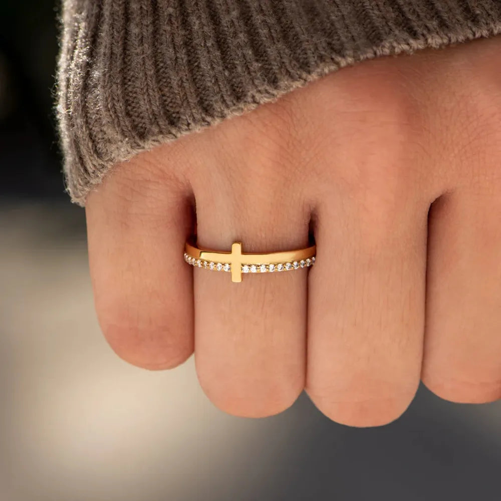 Zircon Sterling Silver Cross Ring in Gold - women's ring