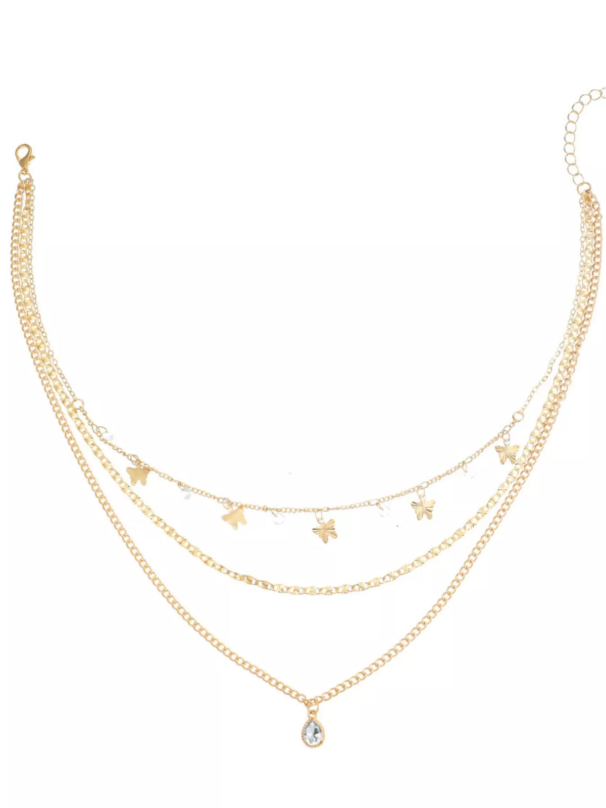 Layered Alloy Necklace with Butterfly and Zircon Charms - alternate necklace view