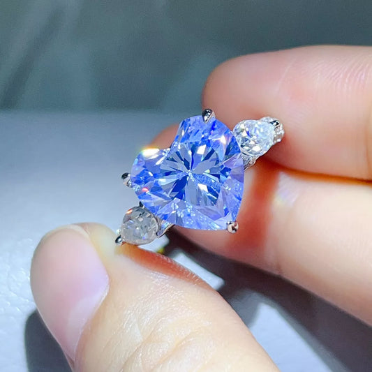 6 Carat Sterling Silver Moissanite Heart Ring in Blue - women's ring