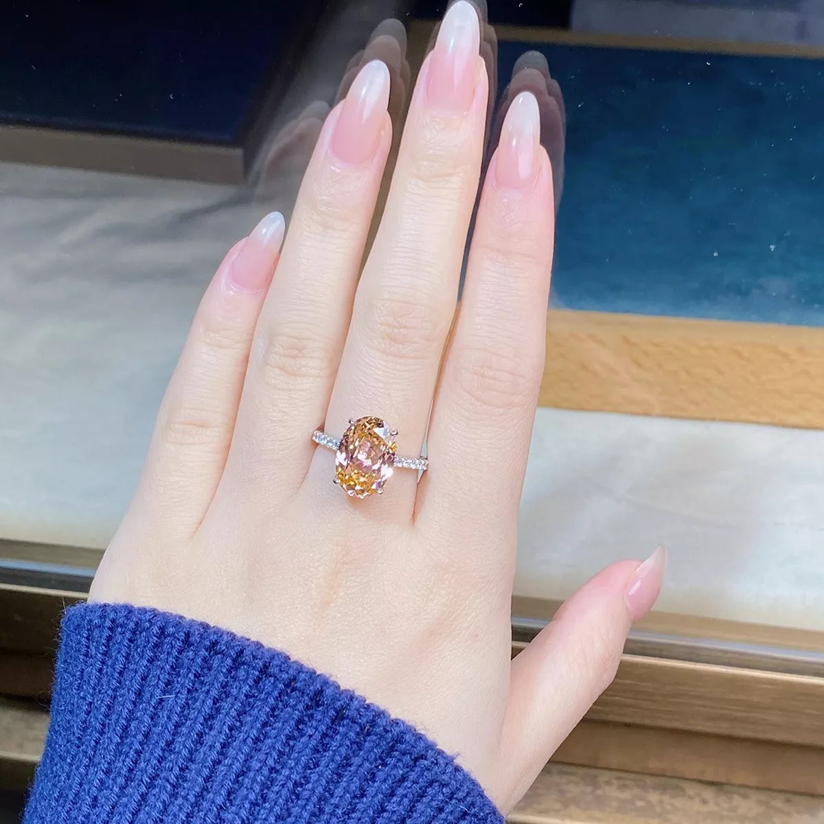 Sterling Silver Zircon Oval Ring in Watermelon pink - women's ring