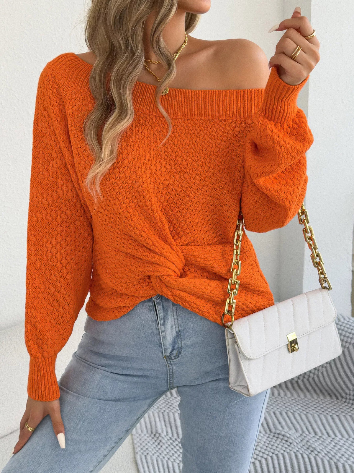 Off-Shoulder Twist Front Textured Knit Top - alternate product view