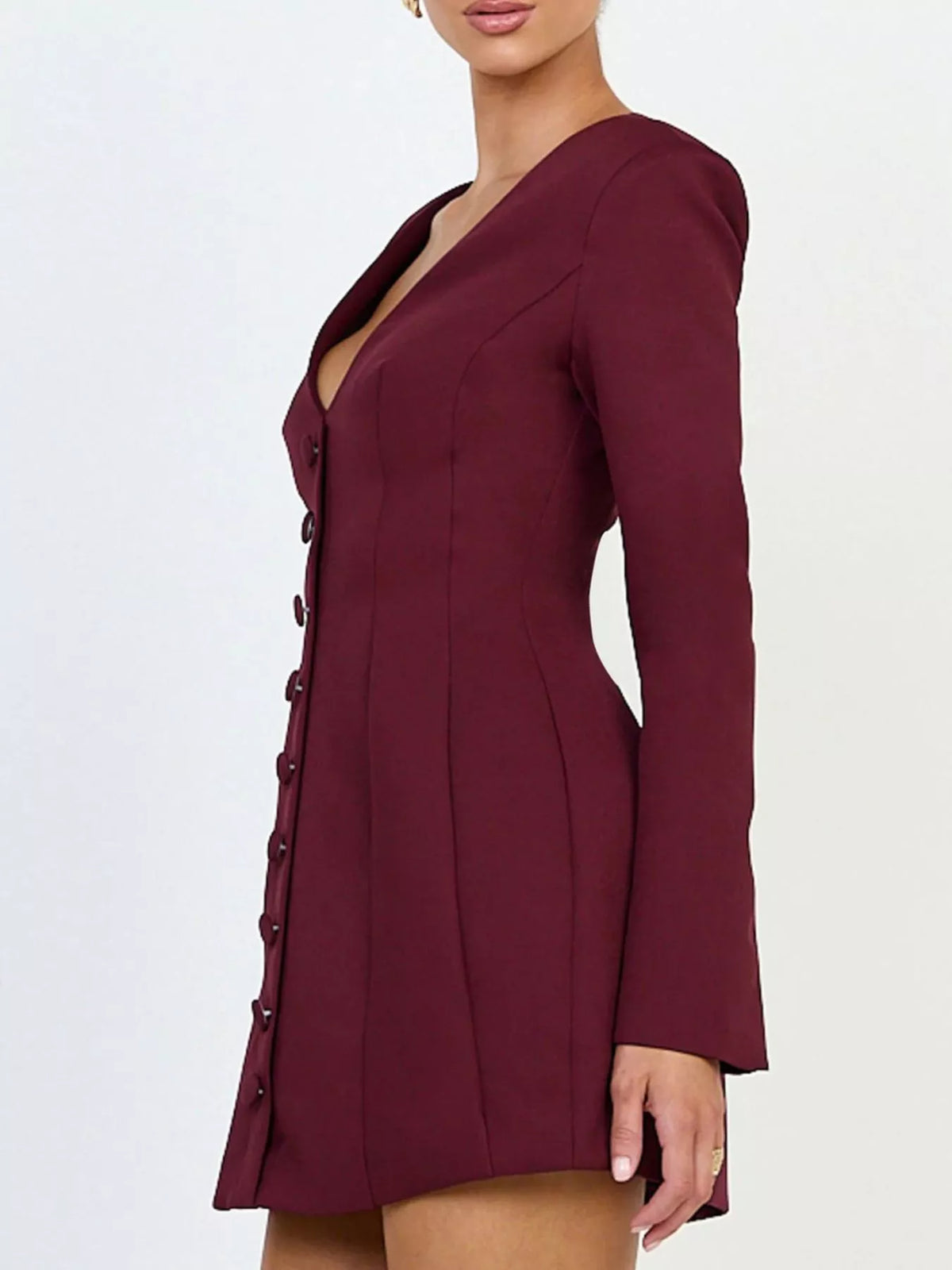 Deep V-Neck Button-Down Blazer Dress in Wine Red - Blossom's