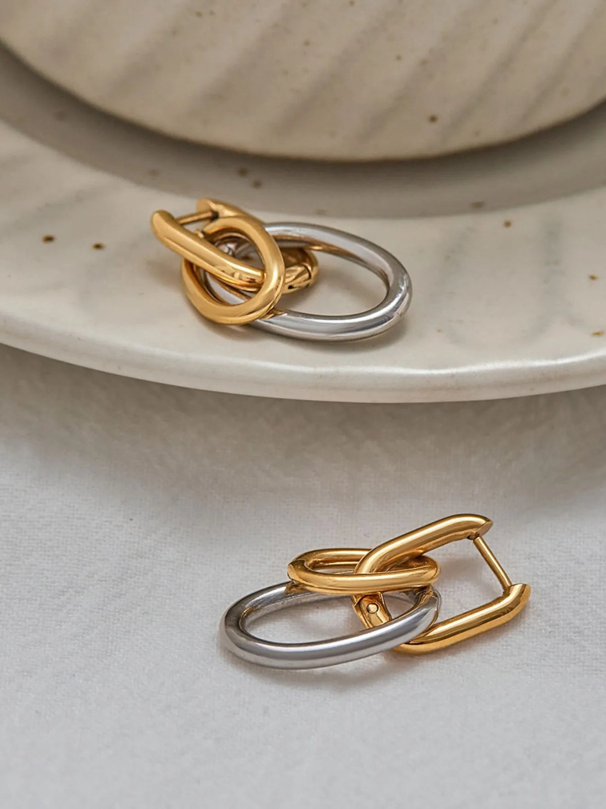 Stainless Steel Two-Tone Interlocked Hoop Earrings - alternate earring view