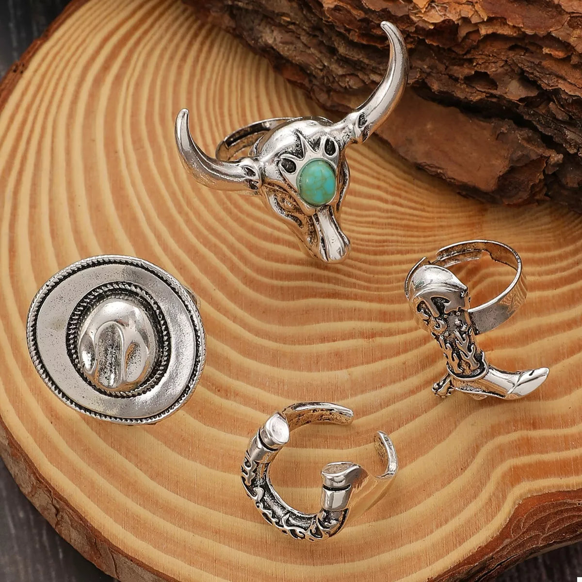 4 Piece Vintage Western Style Bull Head Rings - alternate ring view