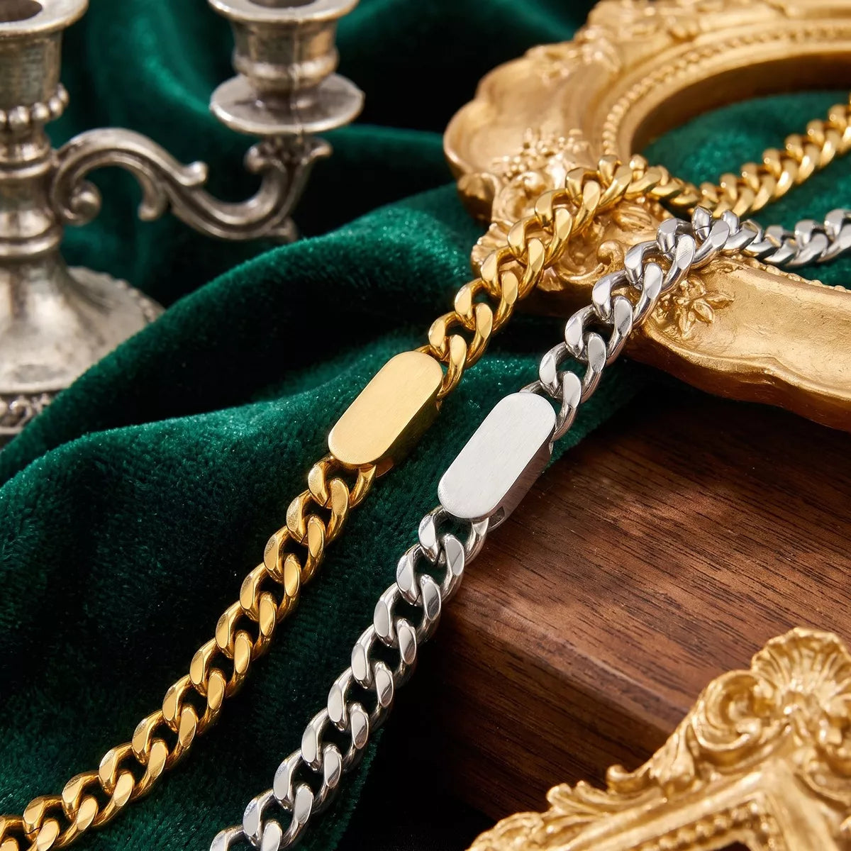 Stainless Steel Bar Chain Necklace and Bracelet Set - alternate necklace view
