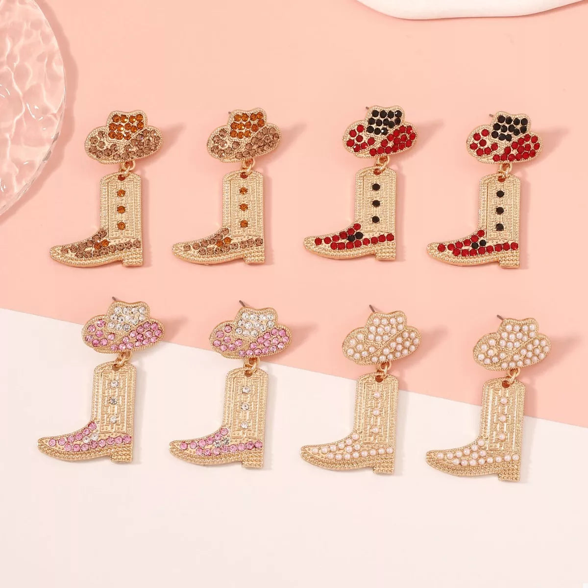 Rhinestone Cowboy Boot Dangle Earrings in White - women's dangle earrings