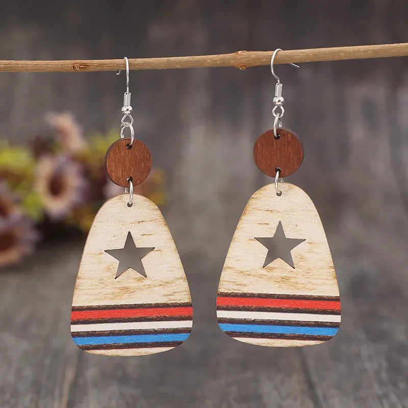 Cutout Star & Stripes Wooden Dangle Earrings - alternate earring view