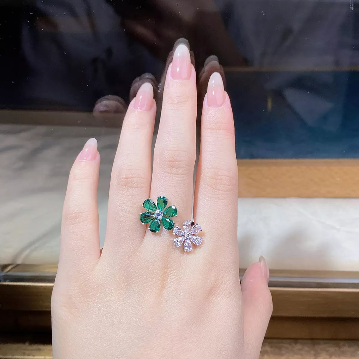 Sterling Silver Zircon Flower Ring - alternate ring view