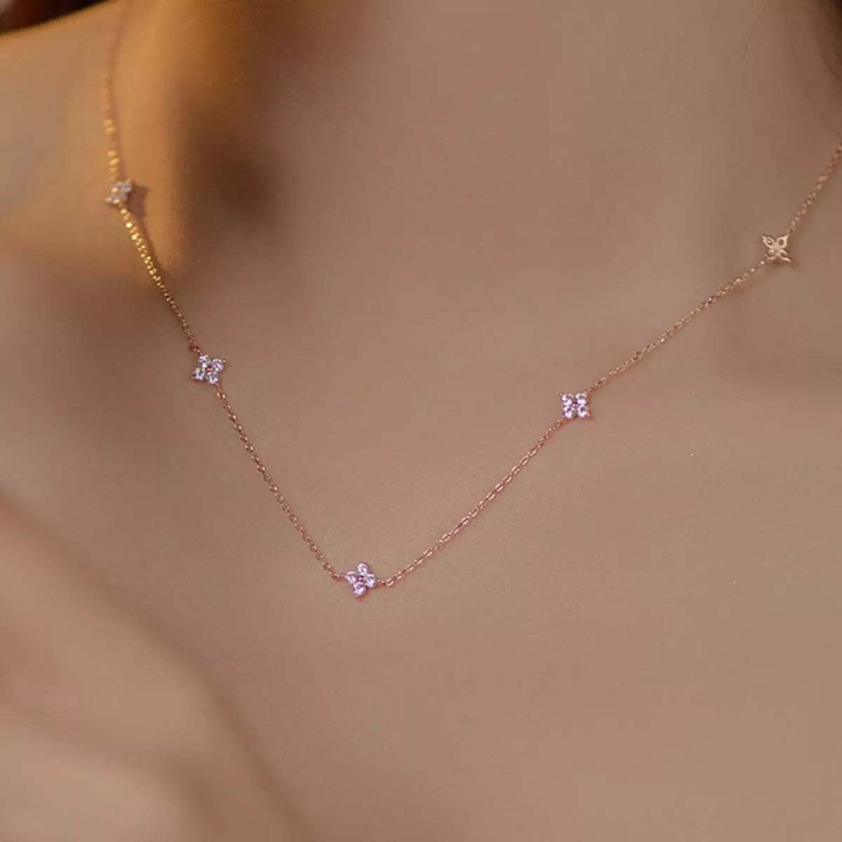 Sterling Silver Clover Charm Necklace in Rose Gold - women's necklace