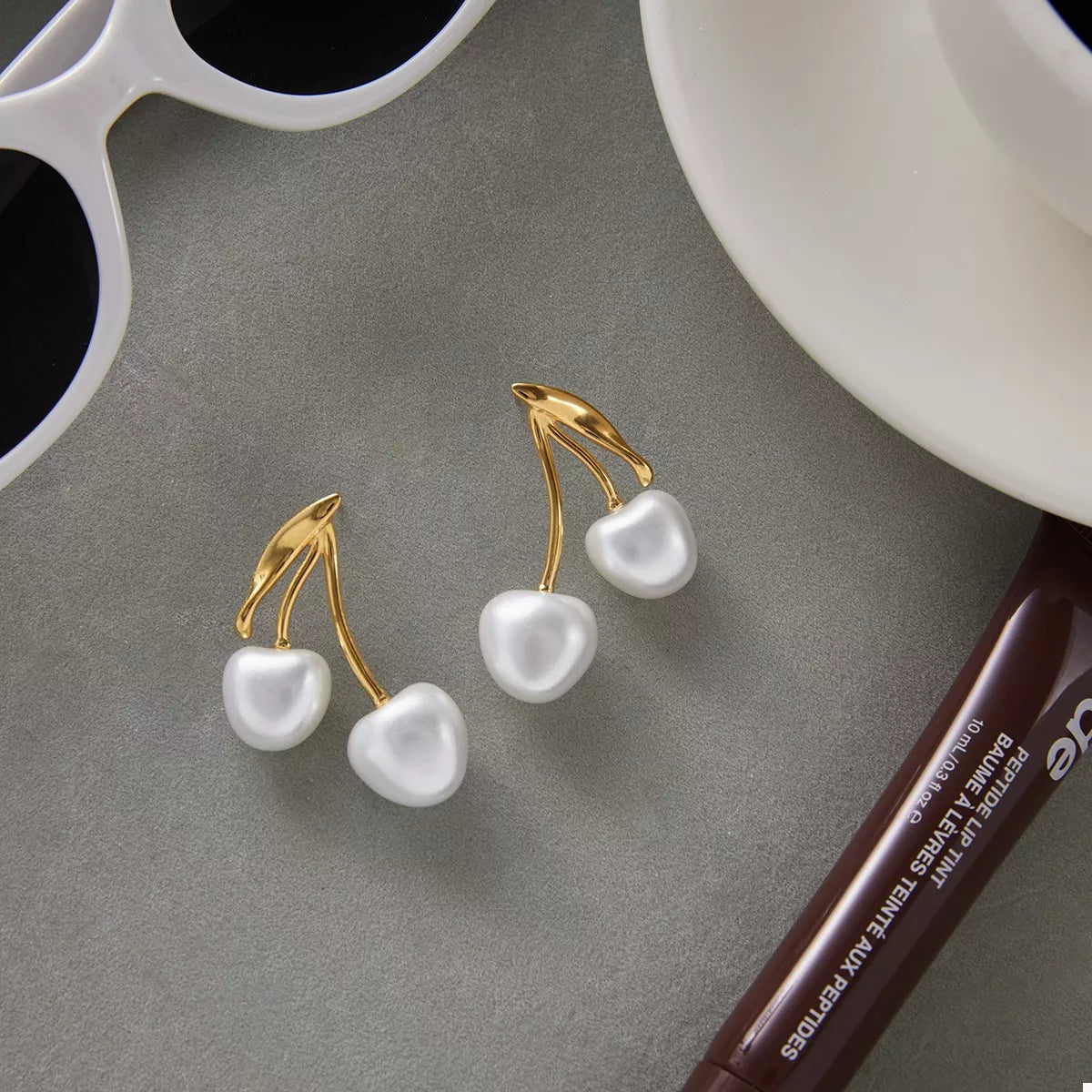 18K Gold-Plated Pearl Cherry Earrings - alternate earring view
