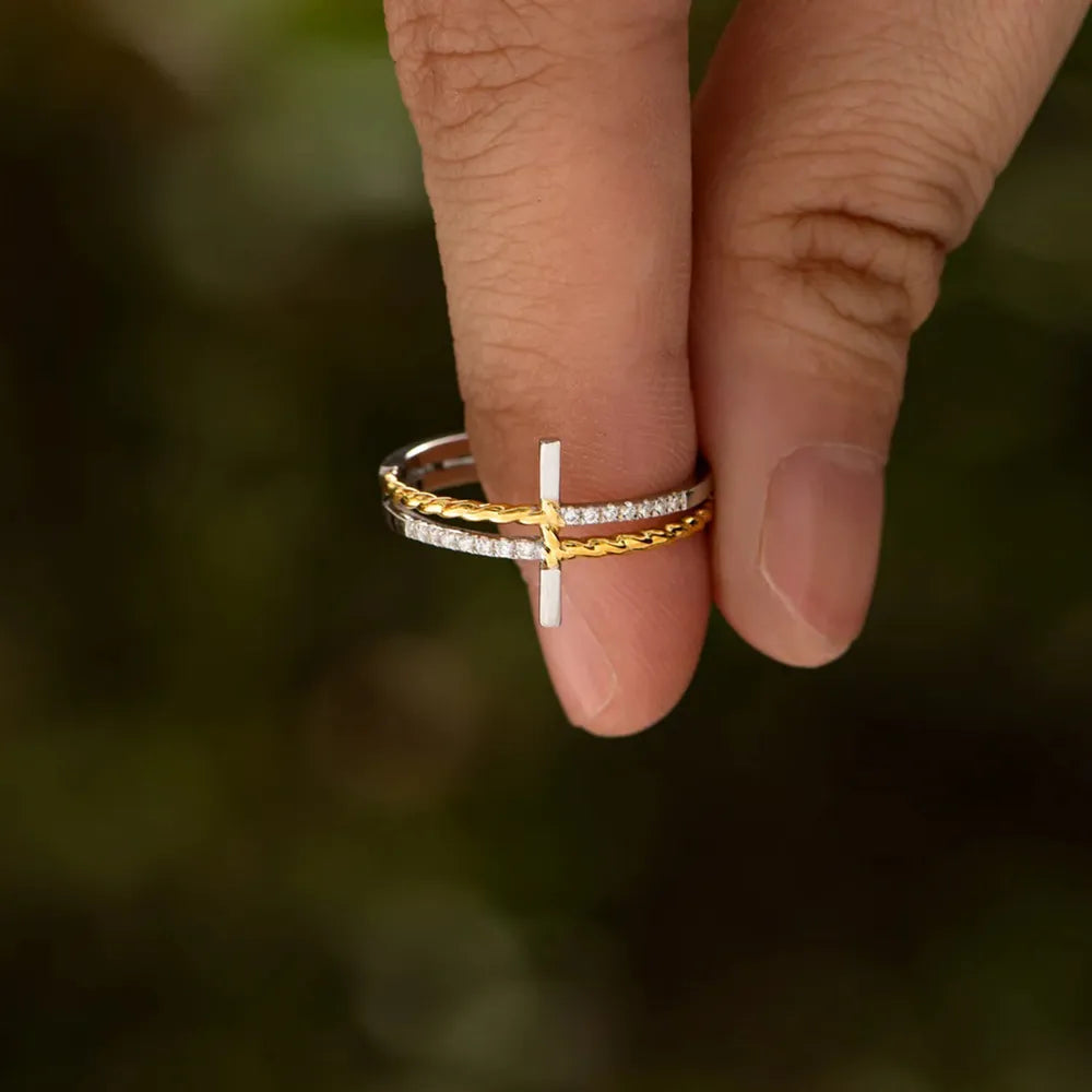 Cross Zircon Sterling Silver Ring in Gold - women's ring