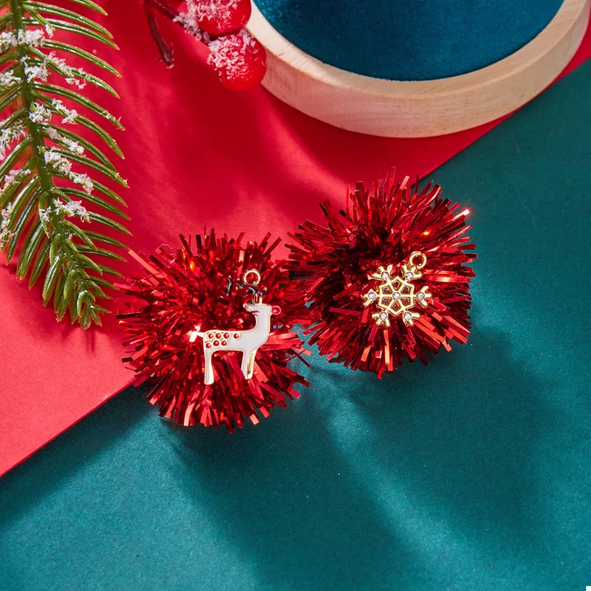 Christmas Asymmetrical Tinsel Ball Earrings - alternate earring view