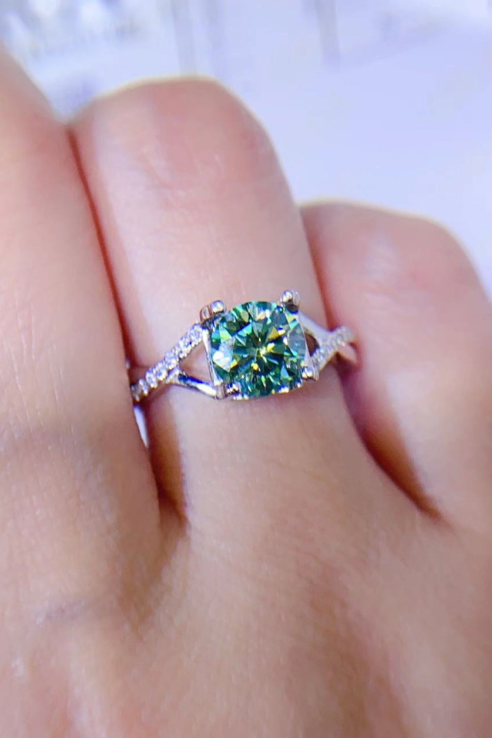 1 Carat Moissanite Sterling Silver Ring in Light Green - women's ring