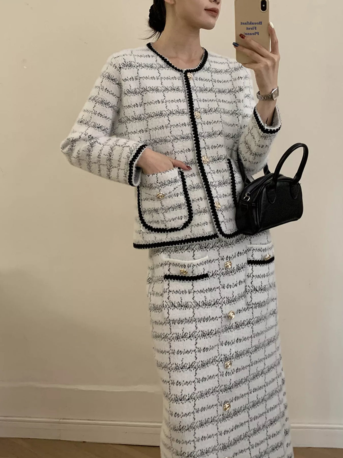 Tweed Contrast Trim Jacket and Skirt Set - alternate view
