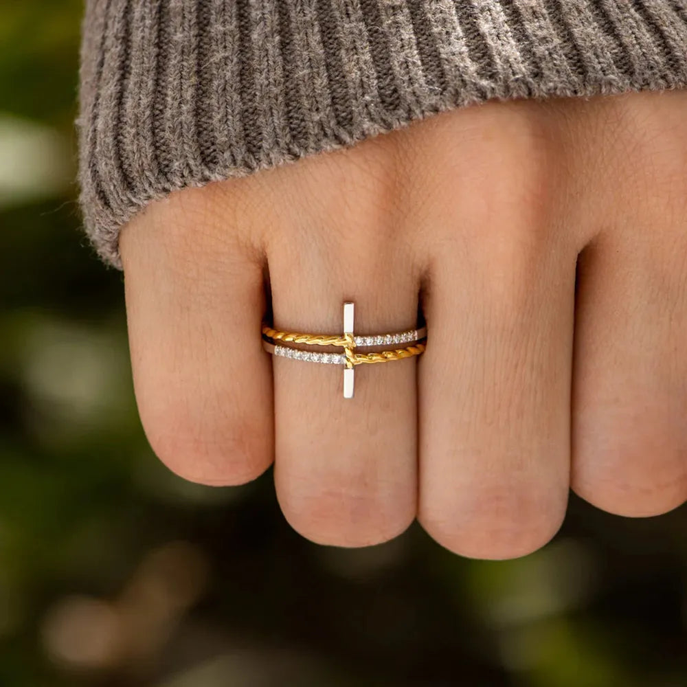 Cross Zircon Sterling Silver Ring in Gold - women's ring