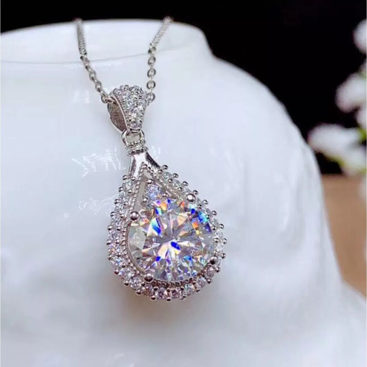 5 Carat Sterling Silver Moissanite Teardrop Necklace - alternate necklace view
