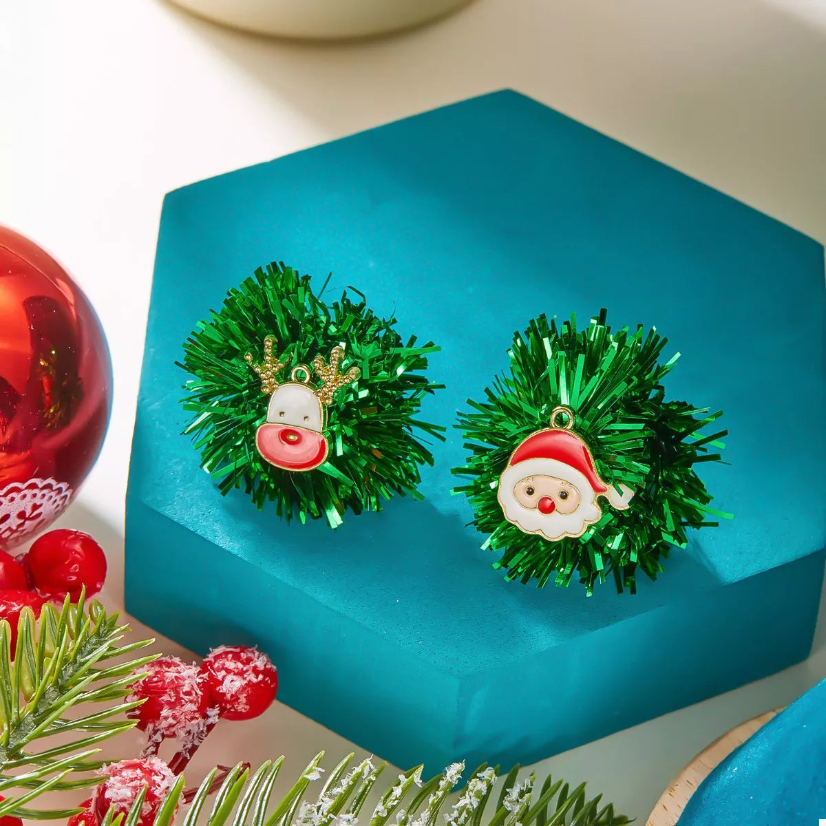 Christmas Asymmetrical Tinsel Ball Earrings - alternate earring view