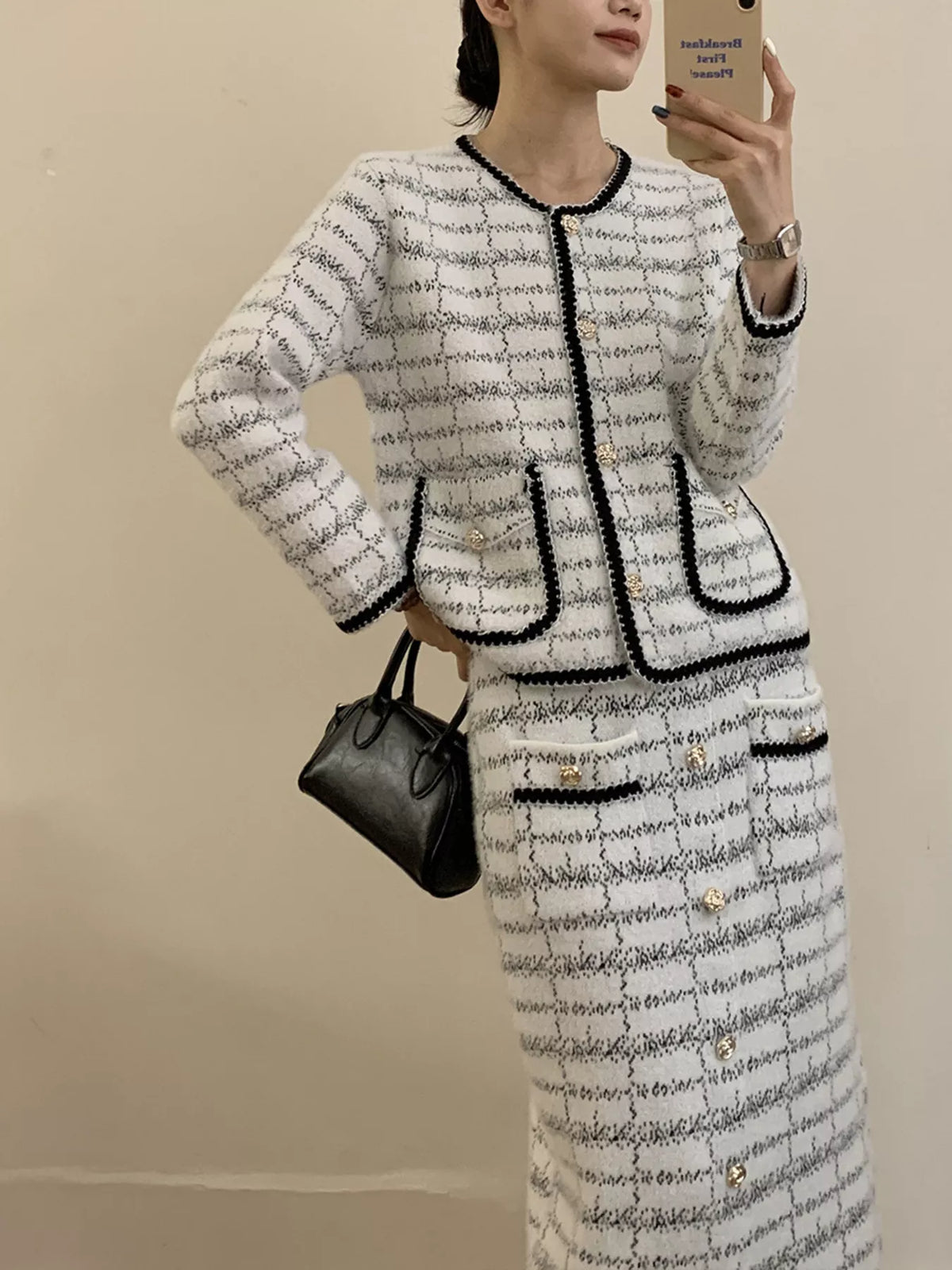 Tweed Contrast Trim Jacket and Skirt Set - alternate view