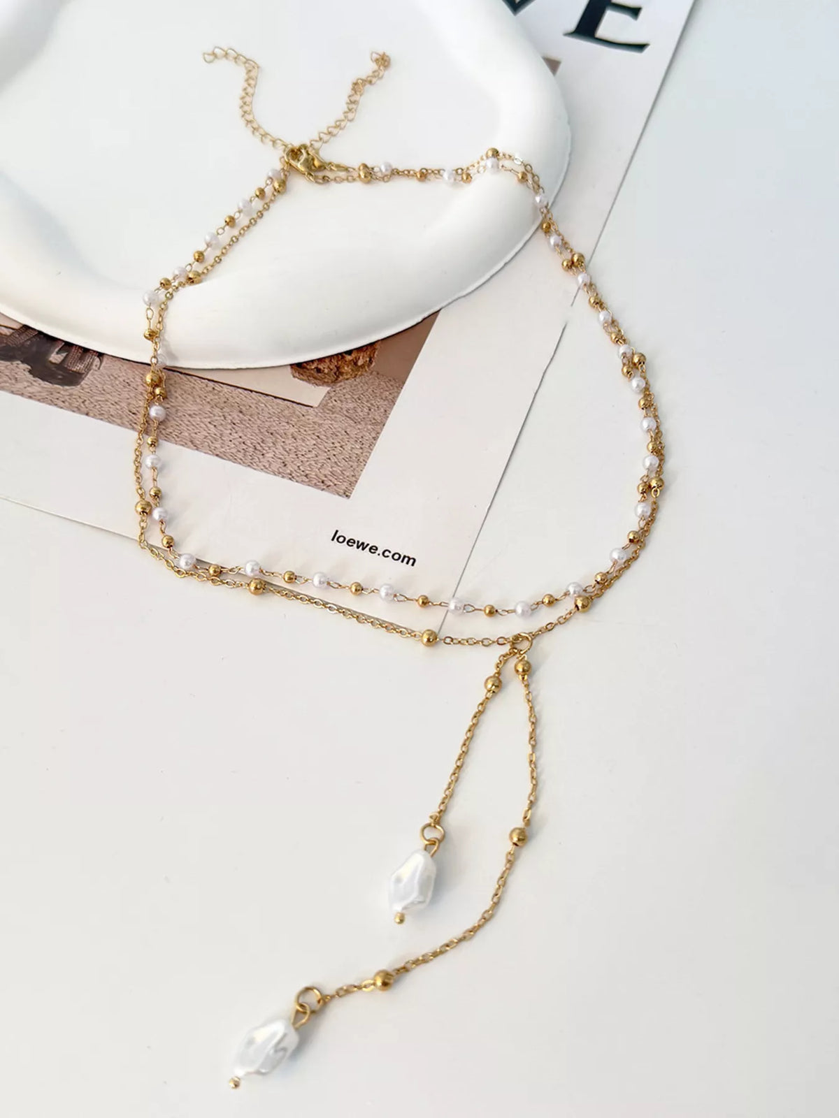 Elegant Layered Y-Shaped Pearl Pendant Necklace - alternate necklace view