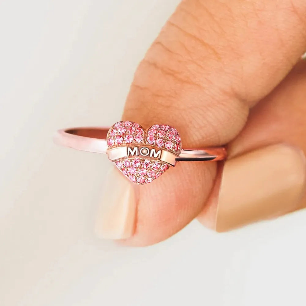 MOM Heart Shape Sterling Silver Engraved Ring in Rose Gold - women's ring