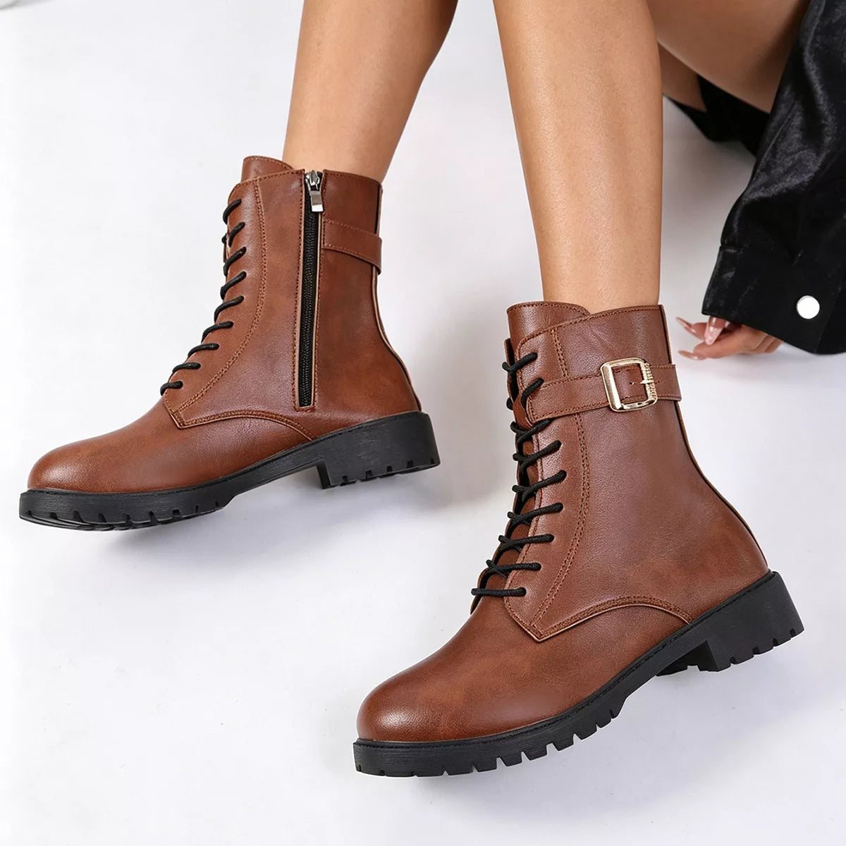 Round-Toe Lace-Up Boots in Coffee Brown - women's boots