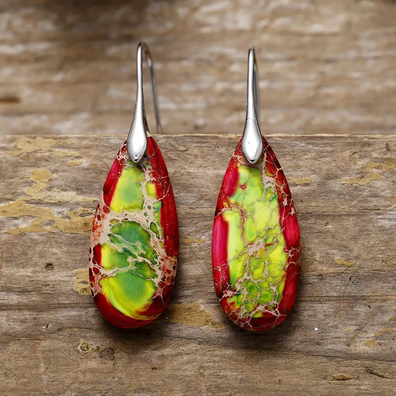 Teardrop Shape Natural Stone Dangle Earrings in Red/Green/Silver - women's dangle earrings