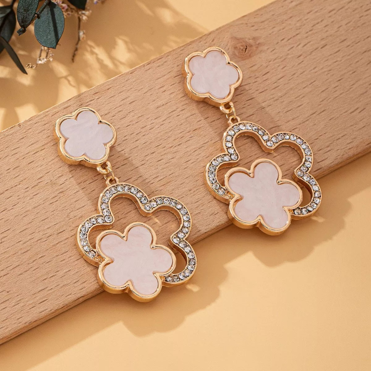 Lucky Clover Dangle Earrings with Rhinestone Accents - alternate earring view
