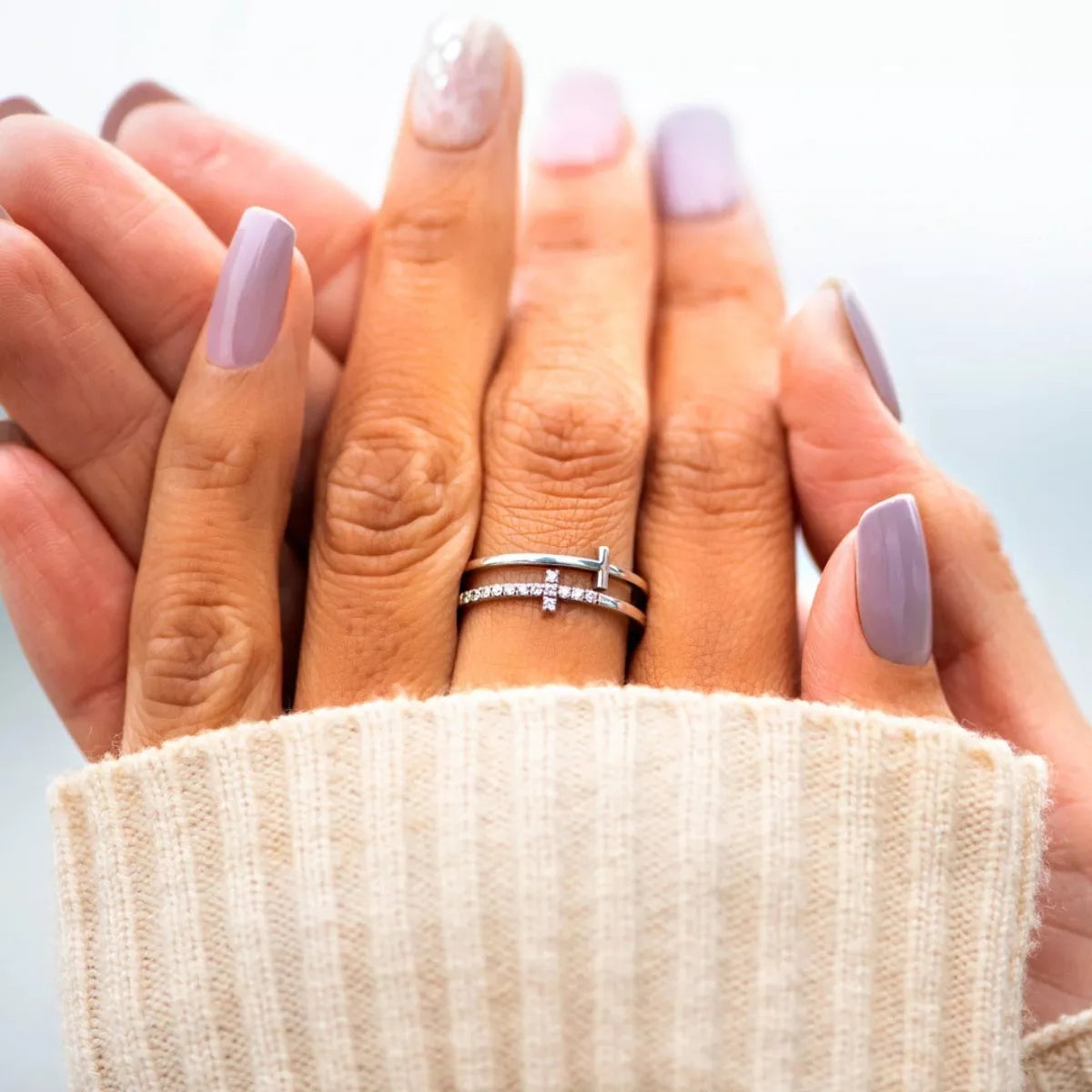 Double Band Cross Ring in Silver - women's band ring