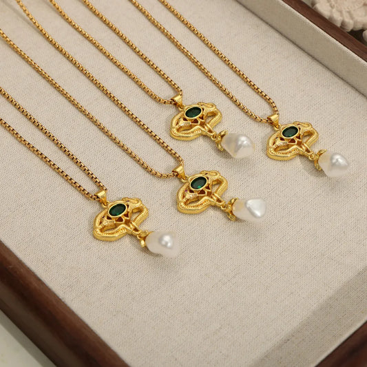 Freshwater Pearl Titanium Steel Geometric Necklace in Gold - women's necklace