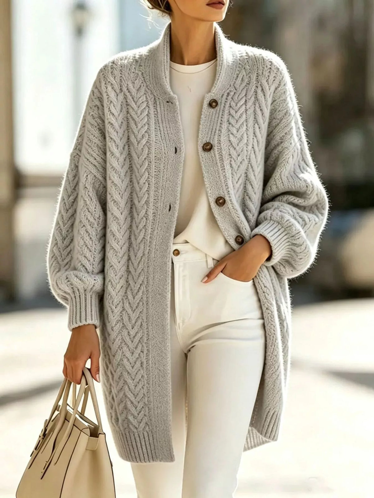 Cable-Knit Button-Down Cardigan in Light Blue - women's cardigan