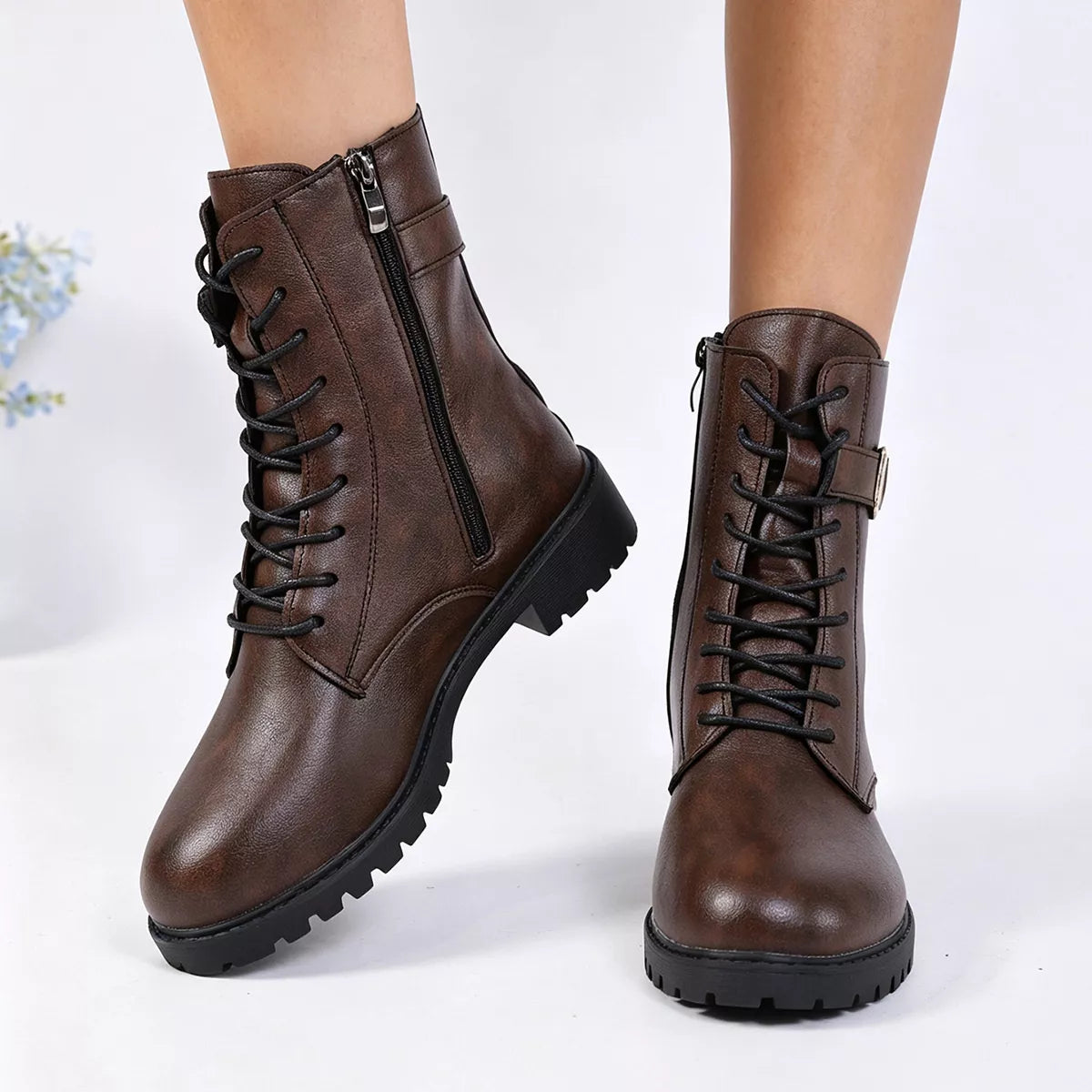 Round-Toe Lace-Up Boots in Coffee Brown - women's boots