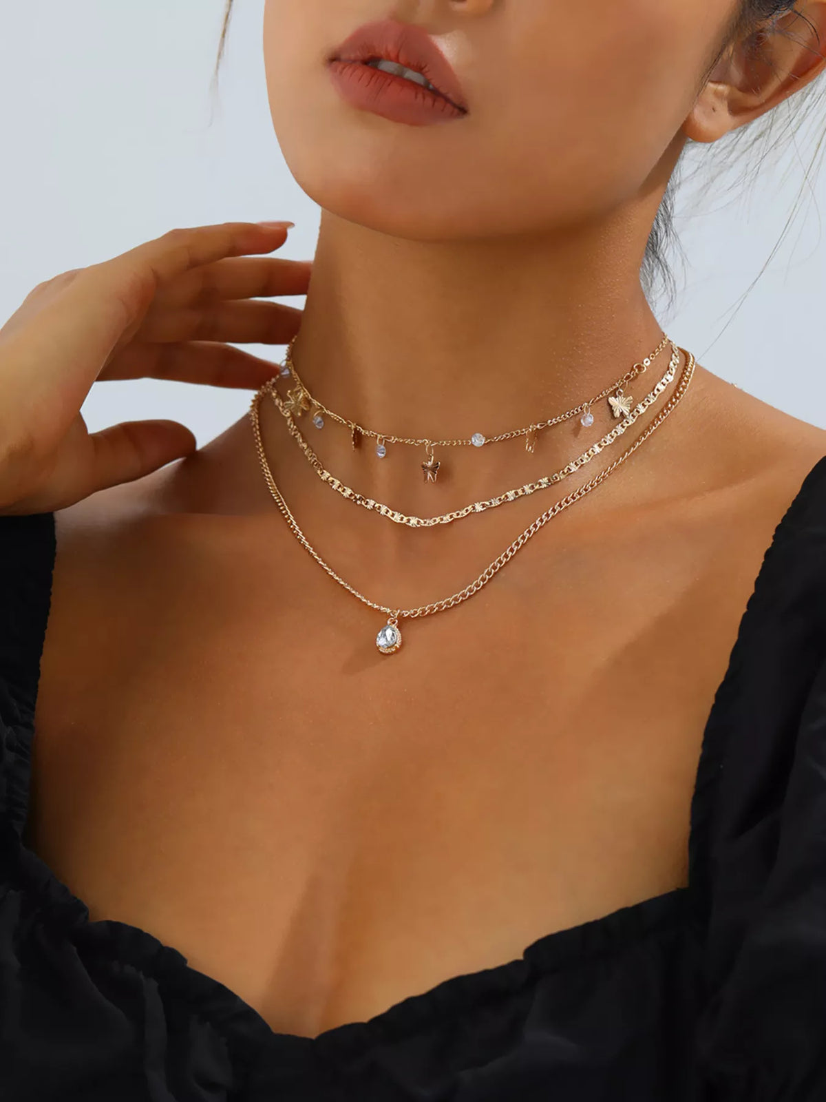 Layered Alloy Necklace with Butterfly and Zircon Charms in Gold - women's layered necklace