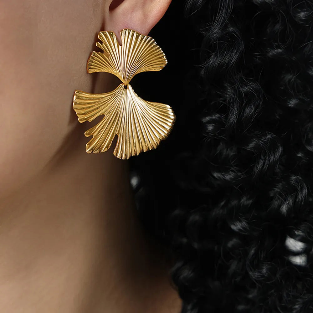 Ginkgo Biloba Design Stud Earrings in Gold - women's stud earrings
