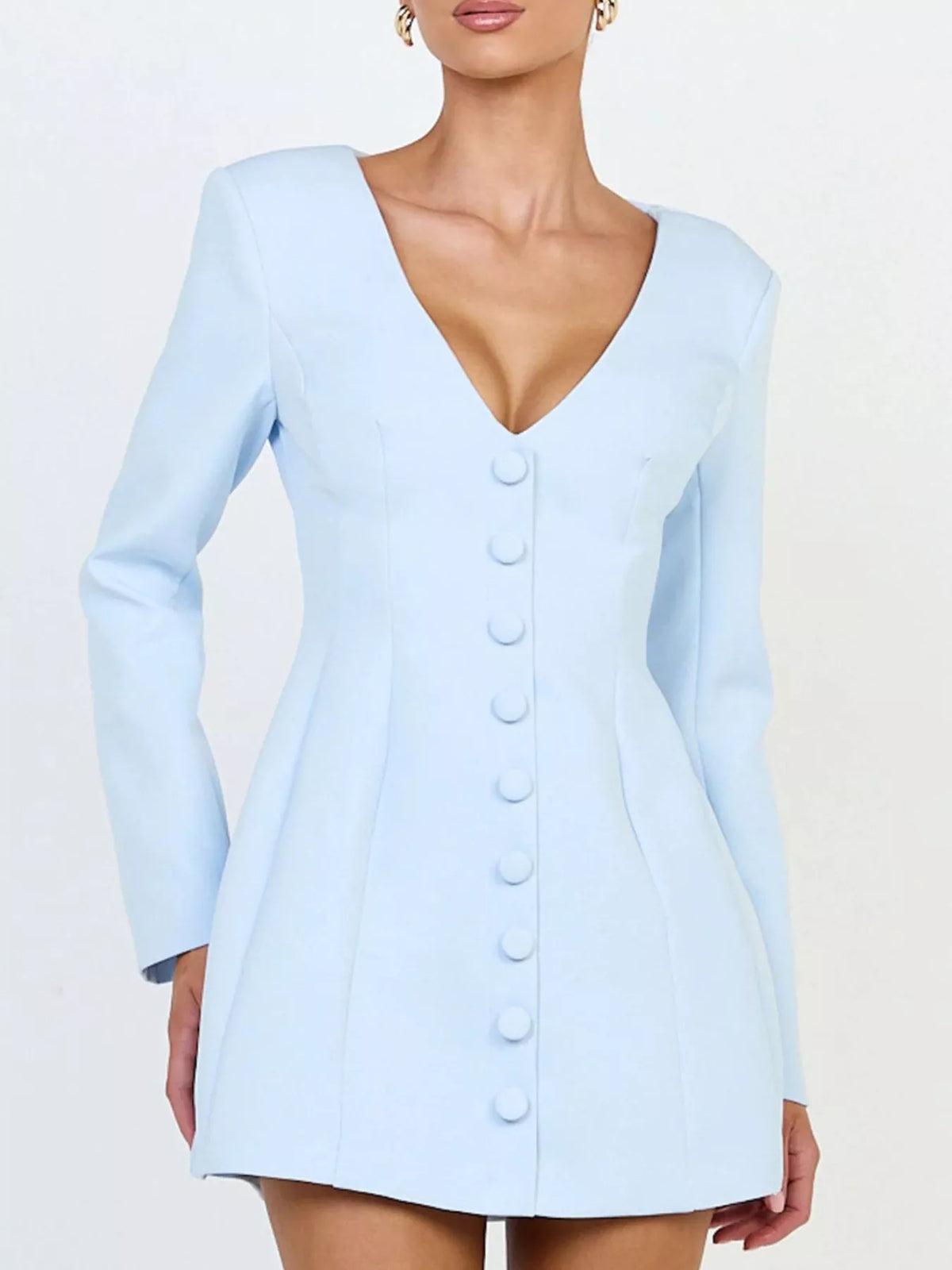 Deep V-Neck Button-Down Blazer Dress in Light Blue - Blossom's