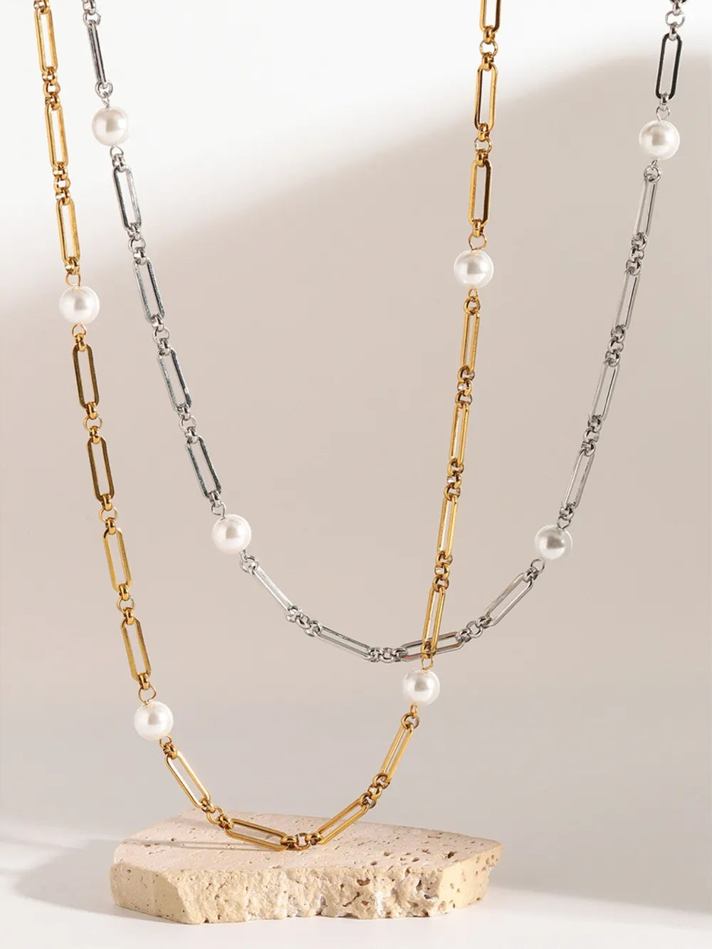 Stainless Steel Pearl Chain Necklace in Gold - women's chain necklace