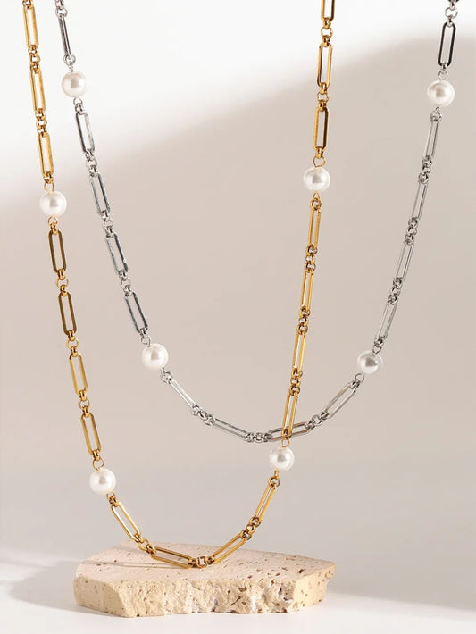 Stainless Steel Pearl Chain Necklace in Gold - women's chain necklace