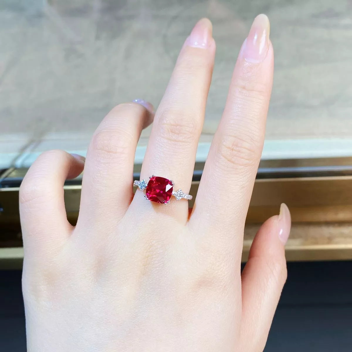 Sterling Silver Zircon Geometric Ring in Red - women's ring