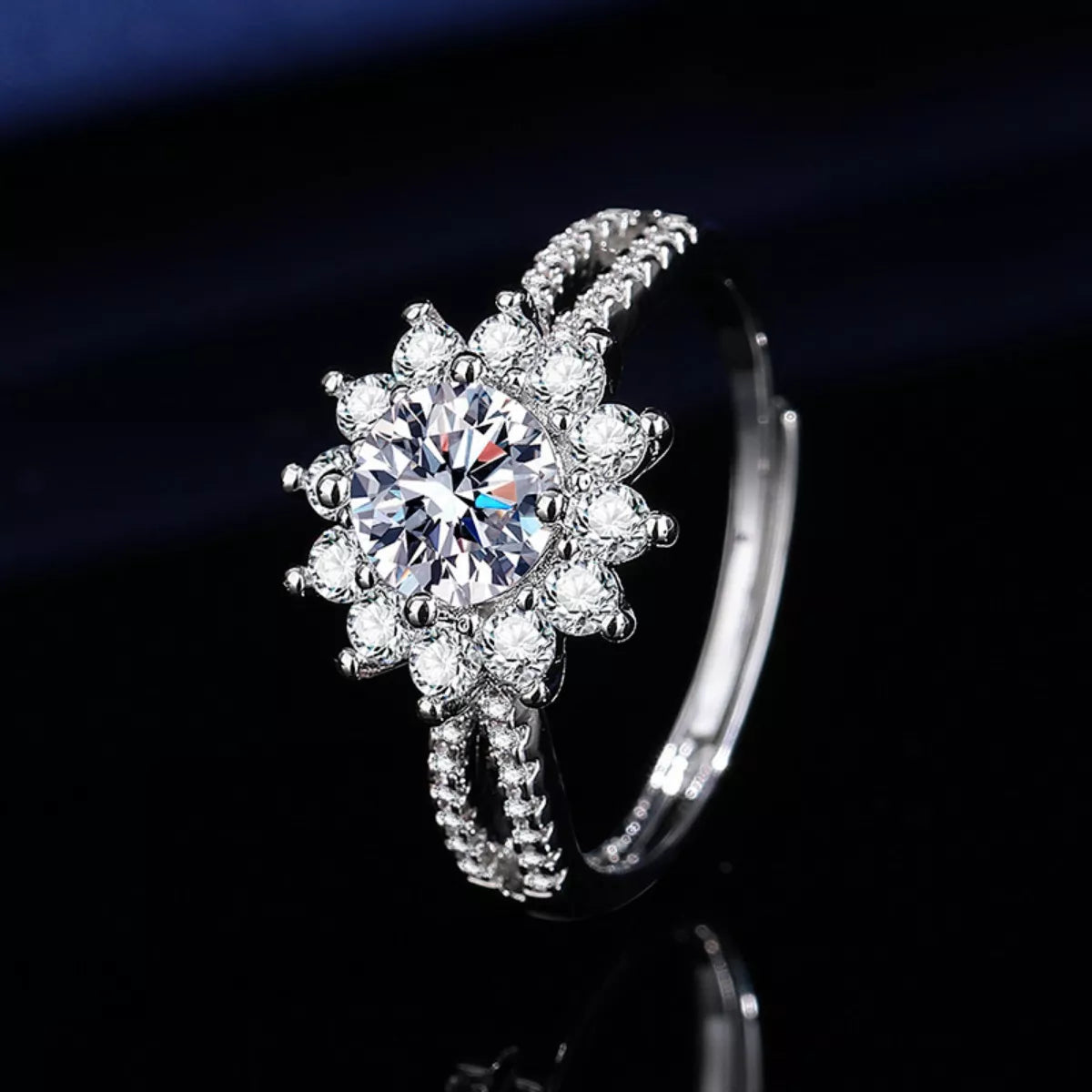 1 Carat Moissanite Sterling Silver Flower Ring - alternate ring view
