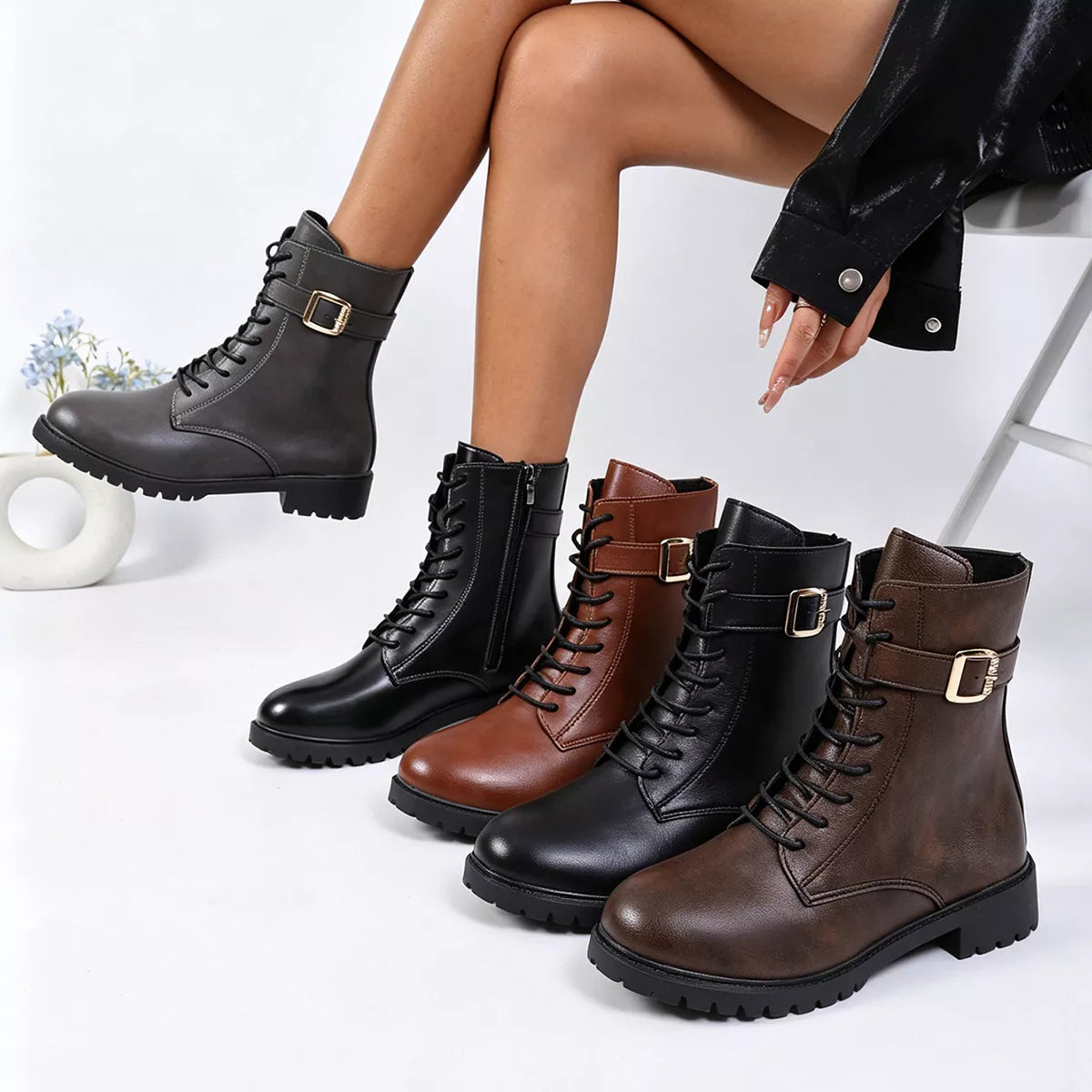 Round-Toe Lace-Up Boots in Coffee Brown - women's boots