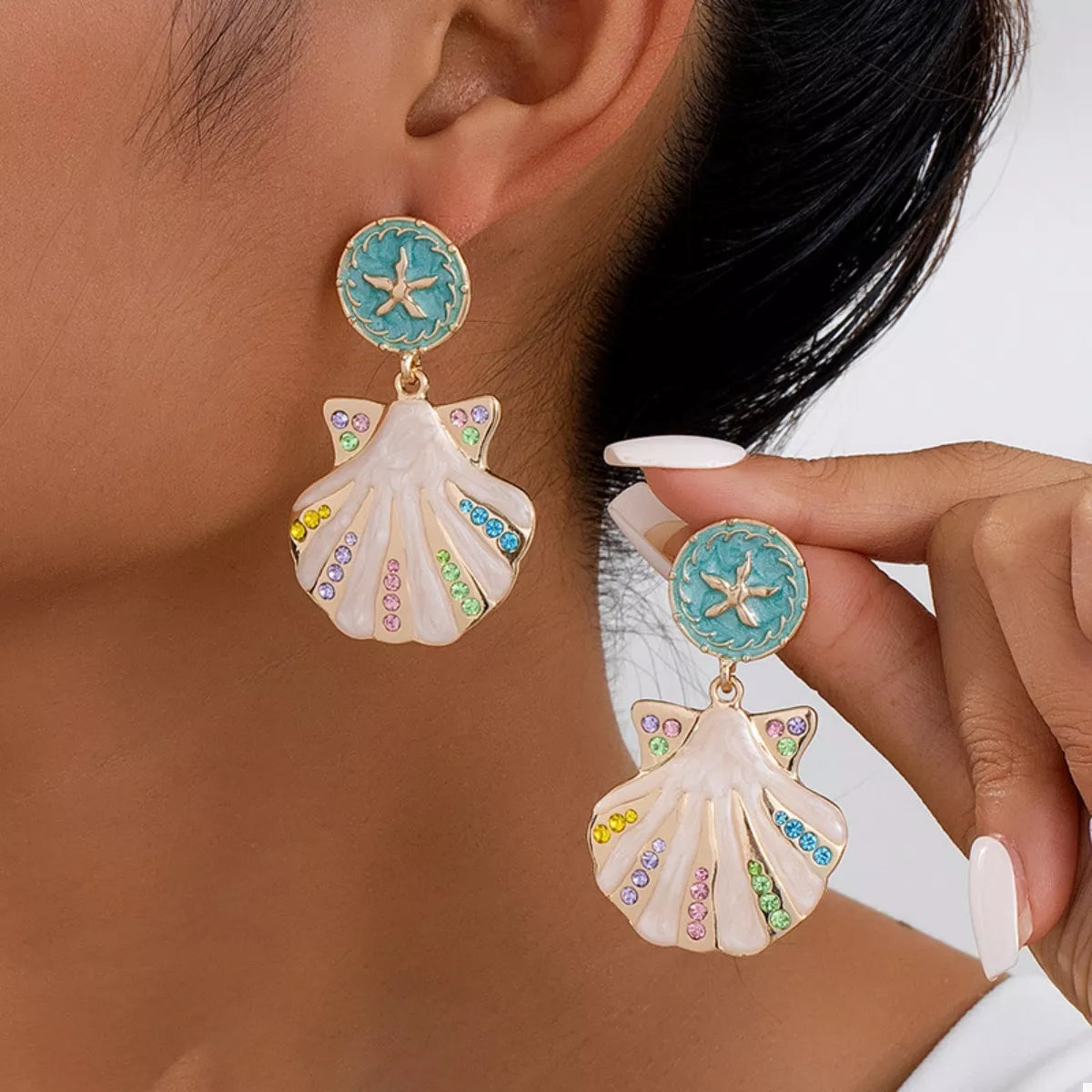 Rhinestone Shell Dangle Earrings - alternate earring view