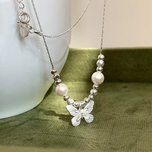 Butterfly Pearl Pendant Necklace in Silver - women's pendant necklace