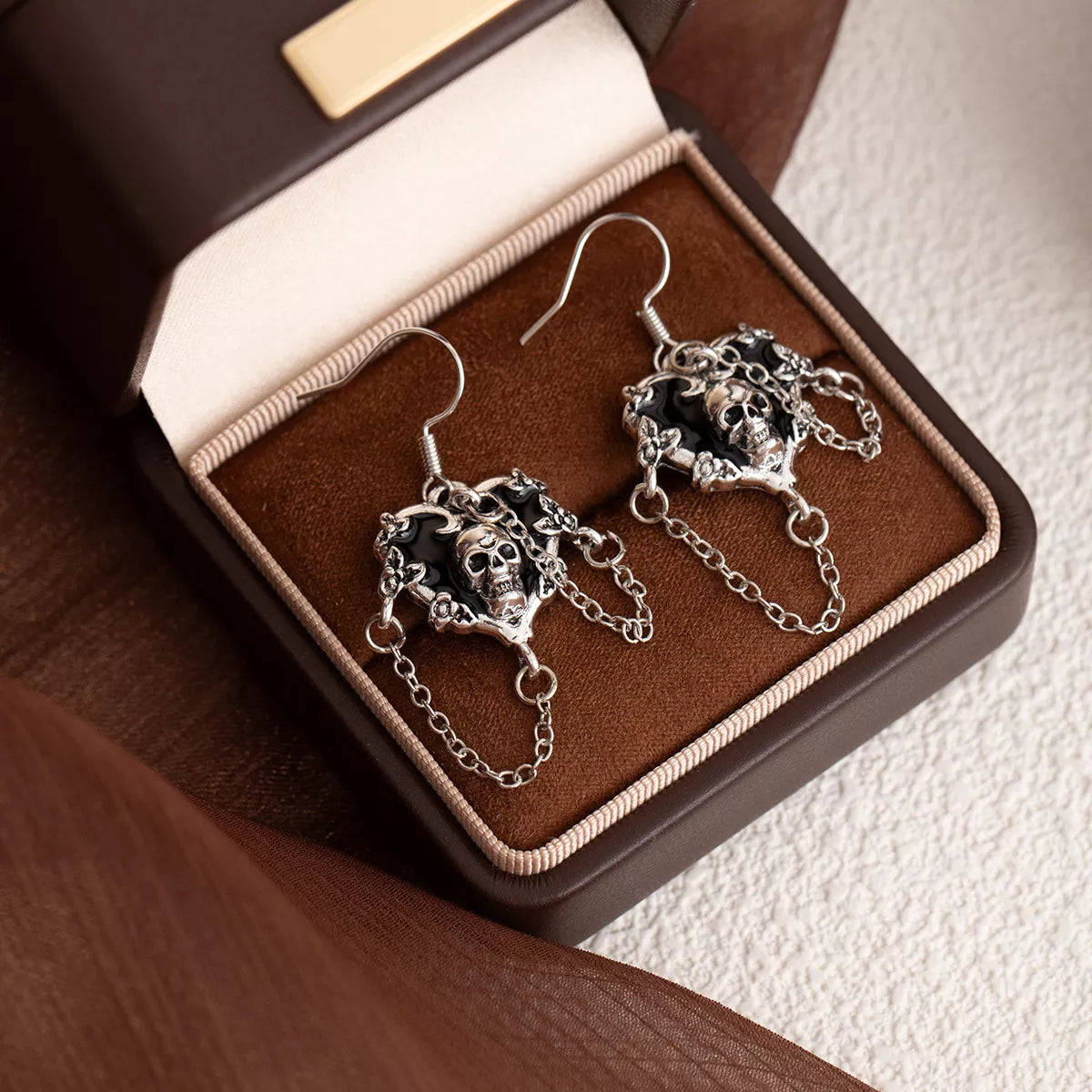 Halloween Alloy Heart Skull Earrings with Chain Detail - alternate earring view