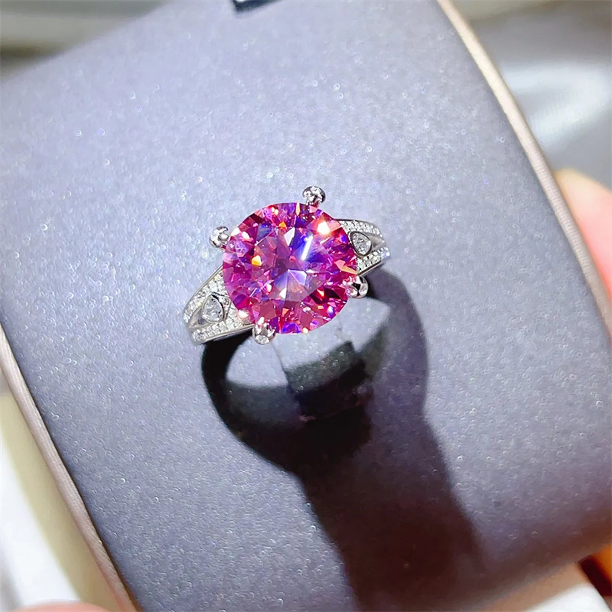 5 Carat Moissanite Sterling Silver Ring in Pink Purple - women's ring