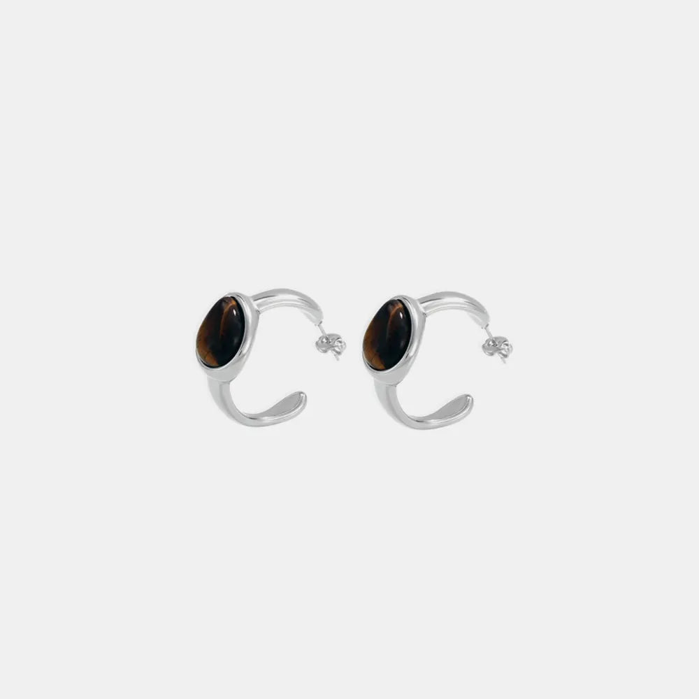 Stainless Steel Natural Tiger's Eye C-Hoop Earrings - alternate earring view