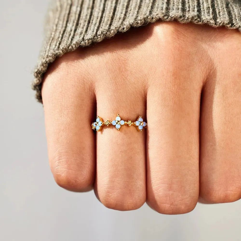 Sterling Silver Inlaid Zircon Flower Ring in Gold - women's ring