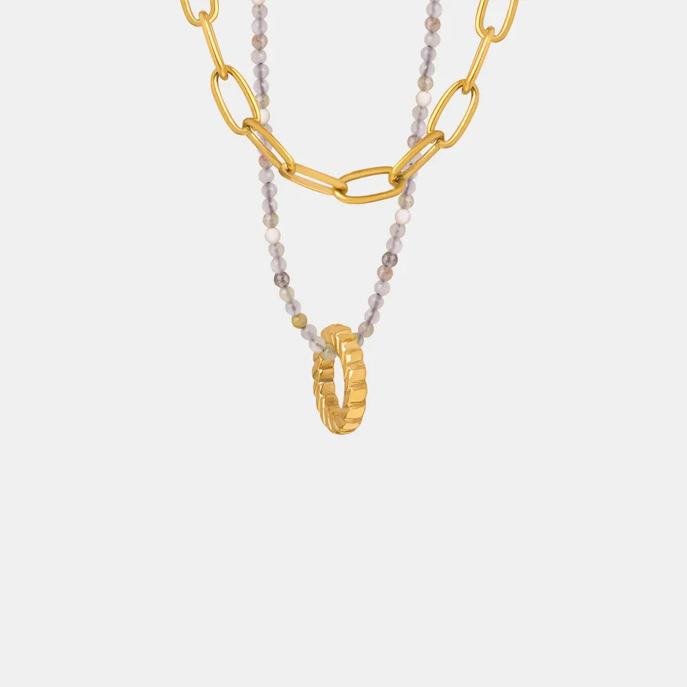 Beaded Double-Layered Titanium Steel Necklace - alternate necklace view