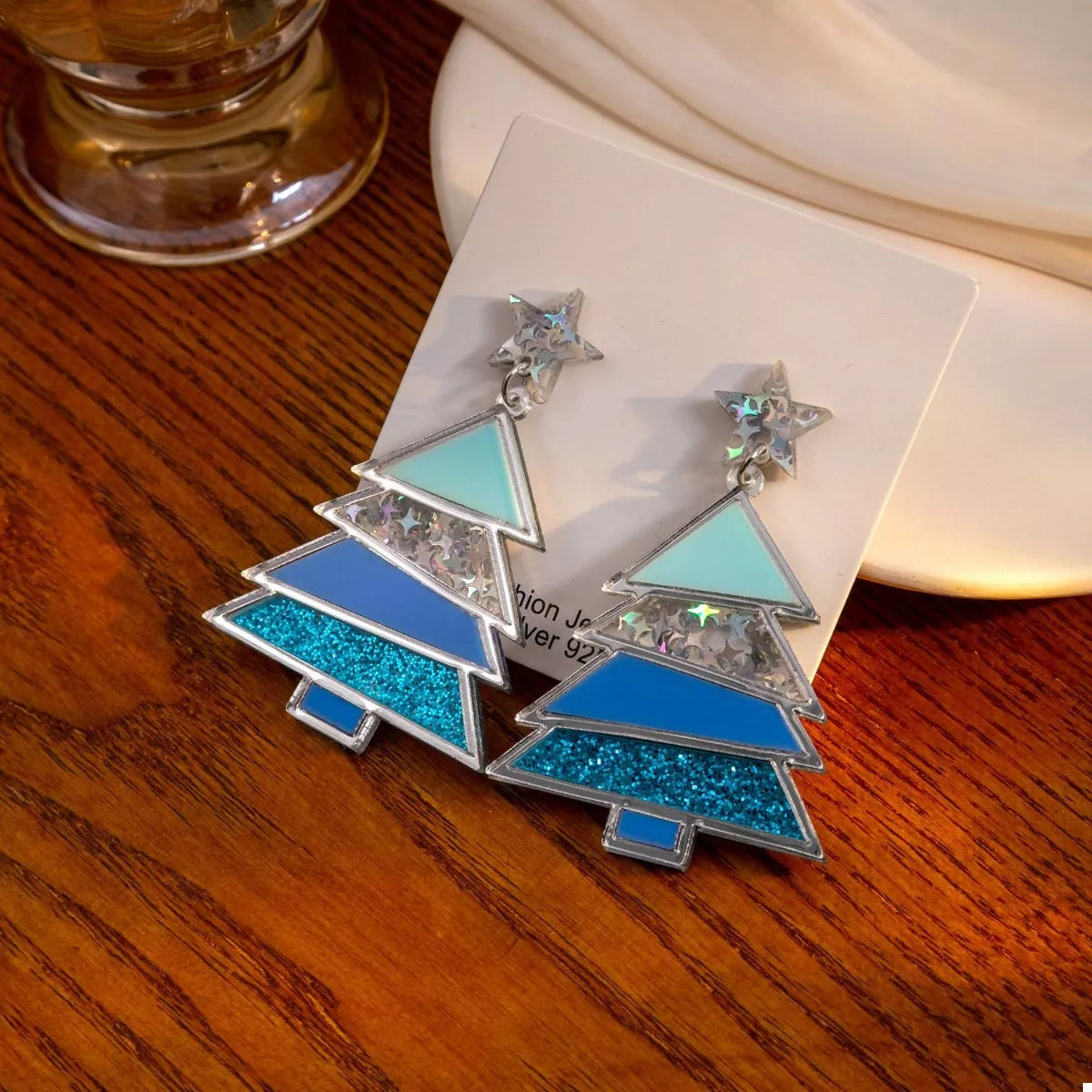 Christmas Tree Dangle Earrings in Sky Blue - women's dangle earrings