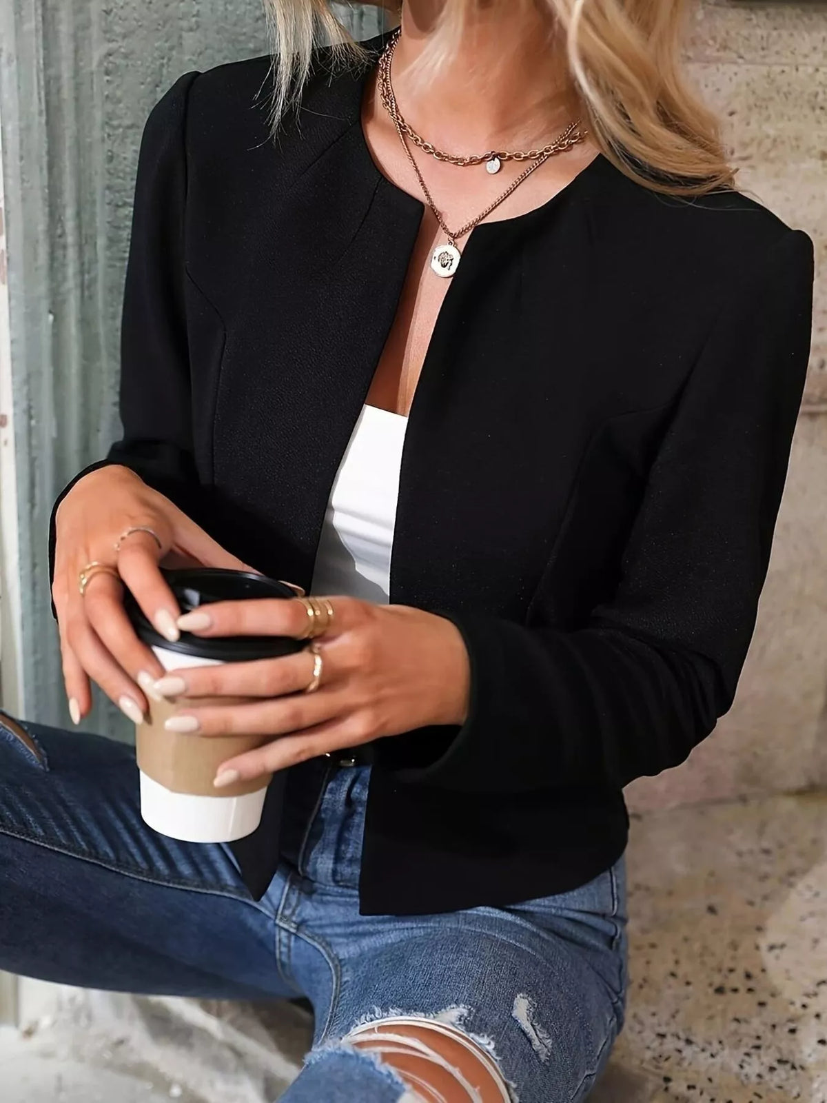 Minimalist Open-Front Cropped Blazer in Black - Blossom's