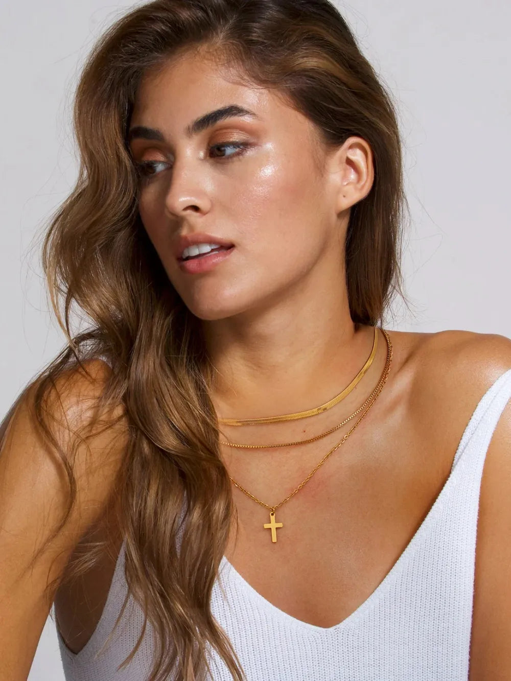 18K Gold-Plated Three-Layered Cross Necklace - alternate necklace view